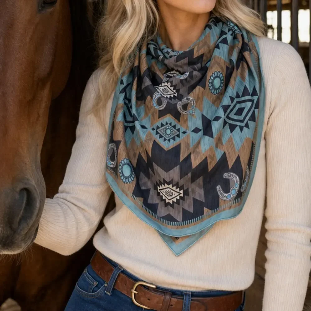 Aztec Print Square Silky Wild Rag | Teal/Mocha